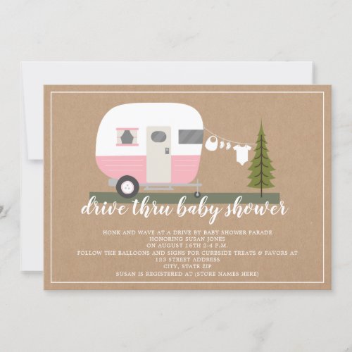 Drive Thru Baby Shower Pink Camper Woodland Invitation