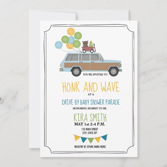 Drive Thru Baby Shower Wood SUV Wagon Blue Balloon Invitation