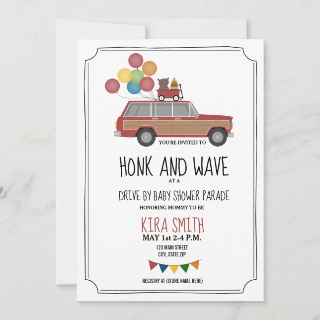 Drive Thru Baby Shower Wood SUV Wagon Primary Toys Invitation (Front)