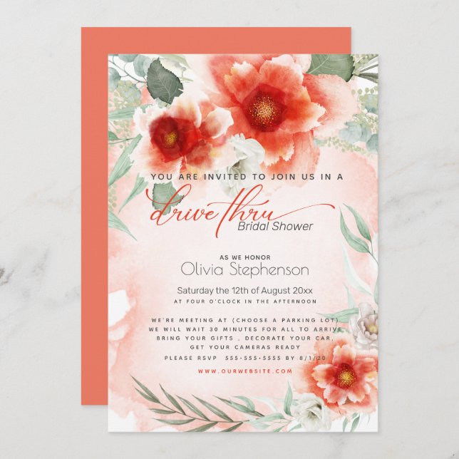 Drive-thru Bridal Shower Bold  Coral Flower Invitation (Front/Back)