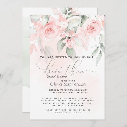 Drive Thru Bridal Shower Vintage Blush Pink Roses Invitation