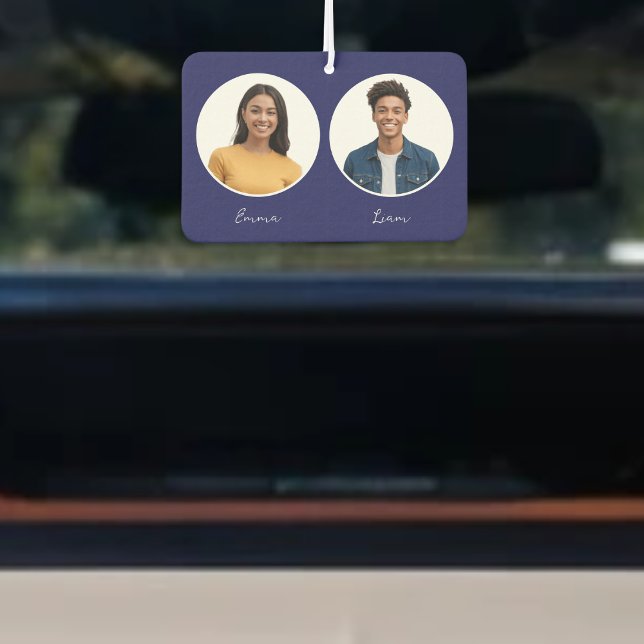 Driver and Partner Photos Names Reversible Custom Air Freshener (A custom car air freshener with photos of the driver and partner in circles, personalized with names)