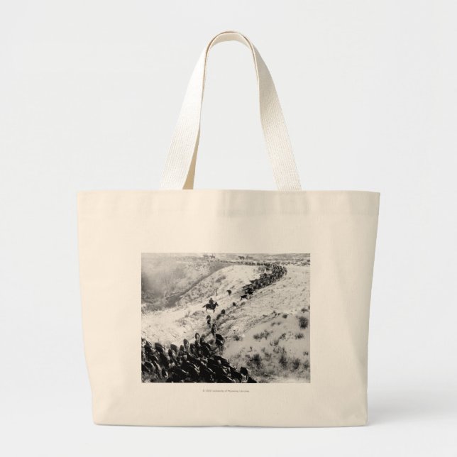 Driving cattle in the winter. large tote bag (Front)