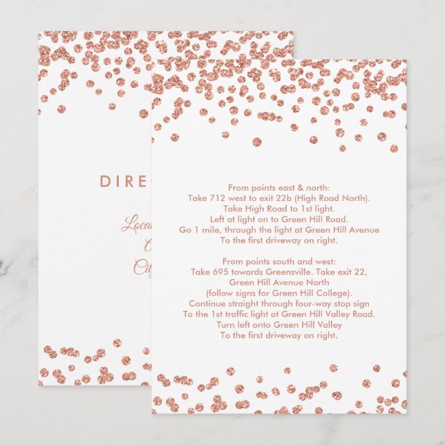 Driving Directions Rose Gold Glitter Confetti Invitation (Front/Back)