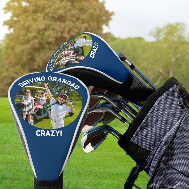 Driving Grandad Crazy Photo Blue White Driver Golf Head Cover (Funny golf driver head cover .. Driving Grandad Crazy with custom Photo of Grandkids or Grandpa)