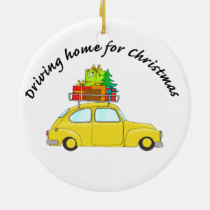"Driving home for Christmas" car towing tree Ceramic Ornament