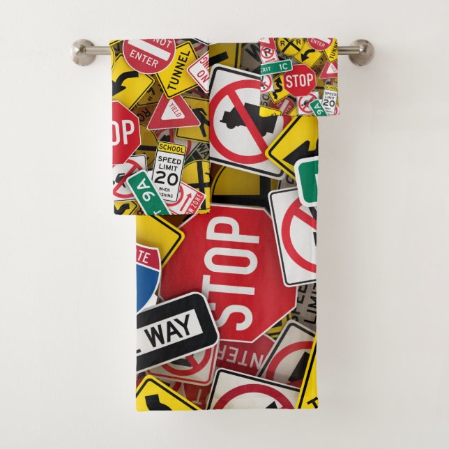 Driving Instructor Fun Road Sign Collage Bath Towel Set (Insitu)