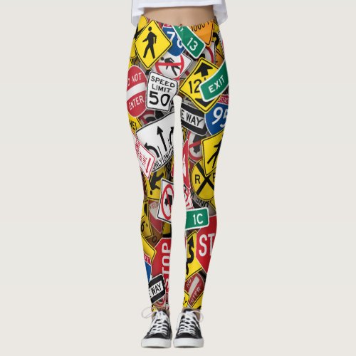 Driving Instructor Fun Road Sign Collage Leggings