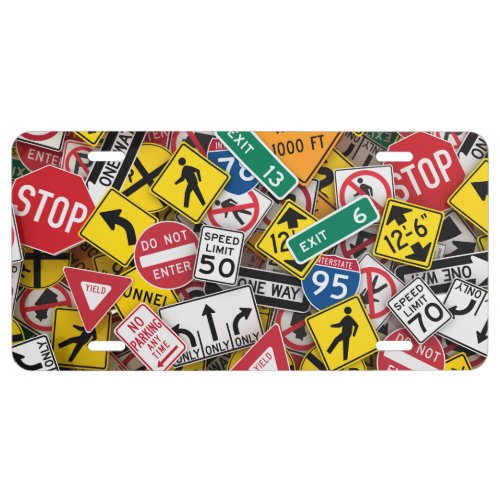 Driving Instructor Fun Road Sign Collage License Plate
