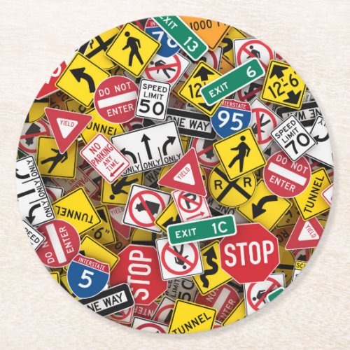 Driving Instructor Fun Road Sign Collage Round Paper Coaster
