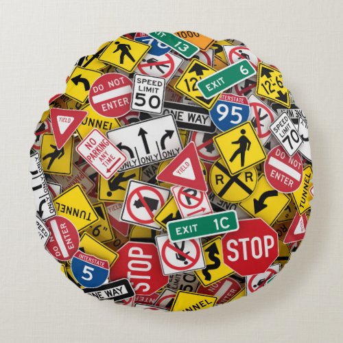 Driving Instructor Fun Road Sign Collage Round Pillow