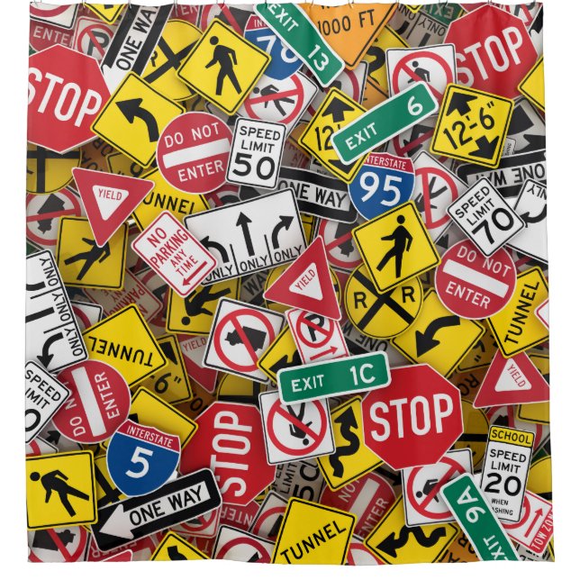 Driving Instructor Fun Road Sign Collage Shower Curtain (Front)