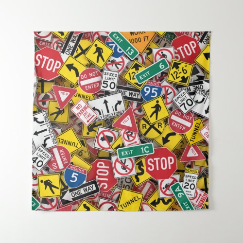 Driving Instructor Fun Road Sign Collage Tapestry