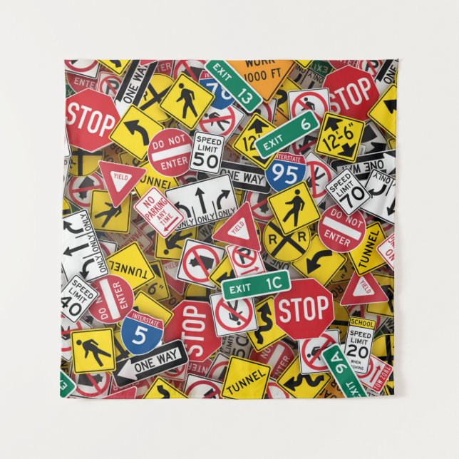 Driving Instructor Fun Road Sign Collage Tapestry (Front)