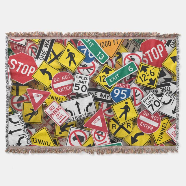 Driving Instructor Fun Road Sign Collage Throw Blanket (Front)