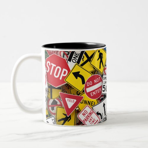 Driving Instructor Fun Road Sign Collage Two_Tone Coffee Mug