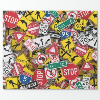 Driving Instructor Fun Road Sign Collage Wrapping Paper by casi_reisi at Zazzle