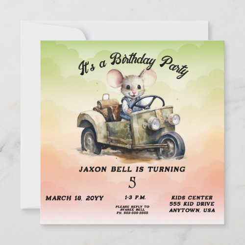 Driving Mouse Boy 5 Year Old Birthday Invitation