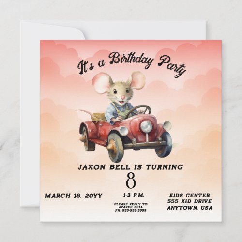 Driving Mouse Boy 8 Year Old Birthday Invitation