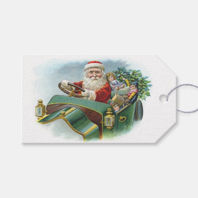Driving Santa Vintage Christmas Gift Tag (Front (Horizontal))