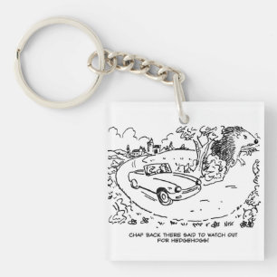 Driving Sports Car in Countryside with Hedgehog Keychain