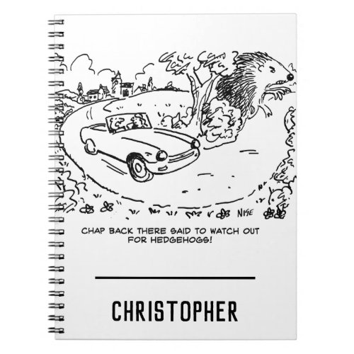 Driving Sports Car in Countryside with Hedgehog Notebook