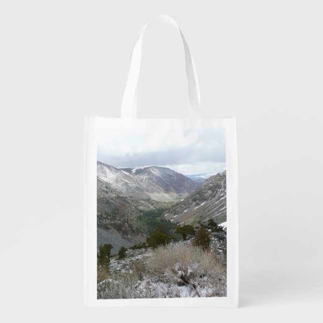 Driving Through the Snowy Sierra Nevada Mountains Grocery Bag (Front)