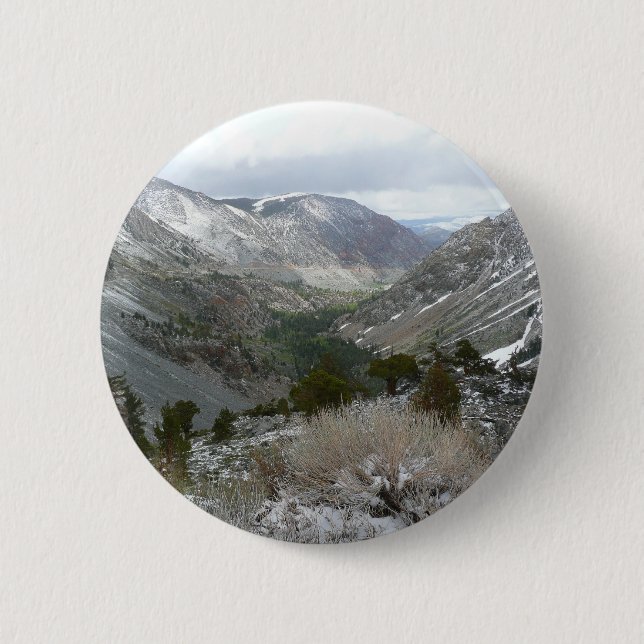 Driving Through the Snowy Sierra Nevada Mountains Pinback Button (Front)