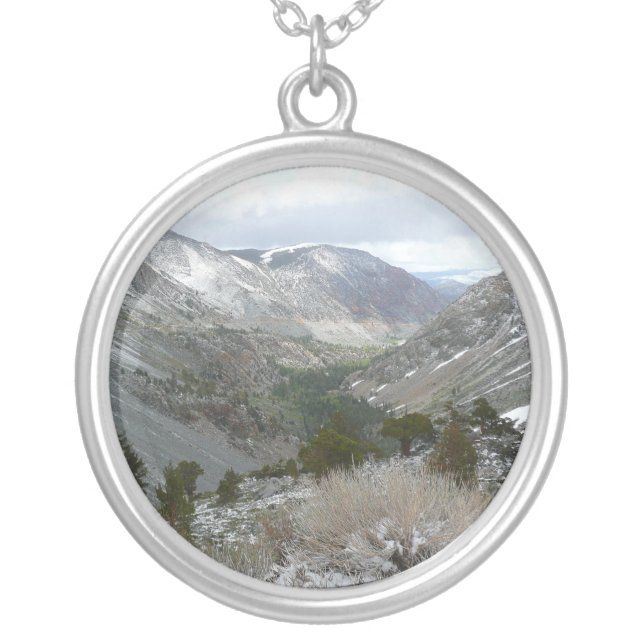 Driving Through the Snowy Sierra Nevada Mountains Silver Plated Necklace (Front)
