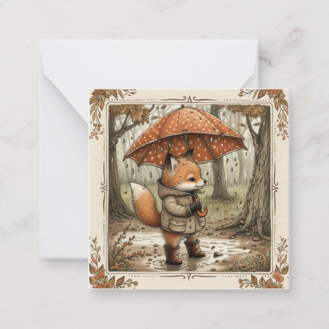 Drizzle & Delights: Enchanting Fox Rain Note Card (Front)