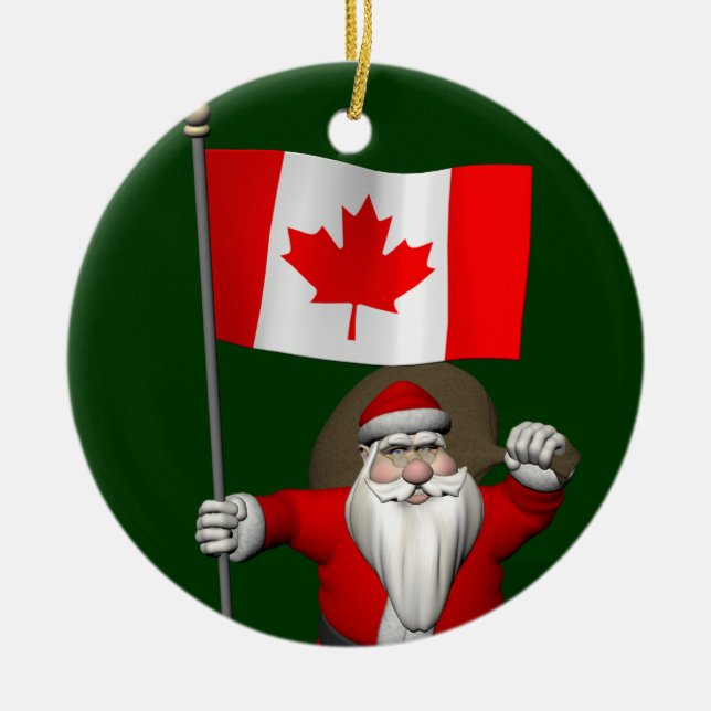 Droll Santa Claus With Maple Leaf Flag Ceramic Ornament (Front)