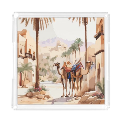 Dromedary camel and the desert village of Al Jazee Acrylic Tray