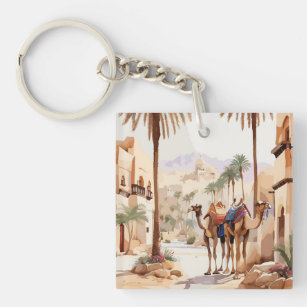 Dromedary camel and the desert village of Al Jazee Keychain