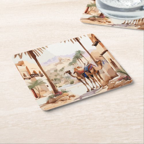 Dromedary camel and the desert village of Al Jazee Square Paper Coaster