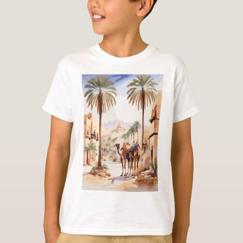 Dromedary camel and the desert village of Al Jazee T_Shirt