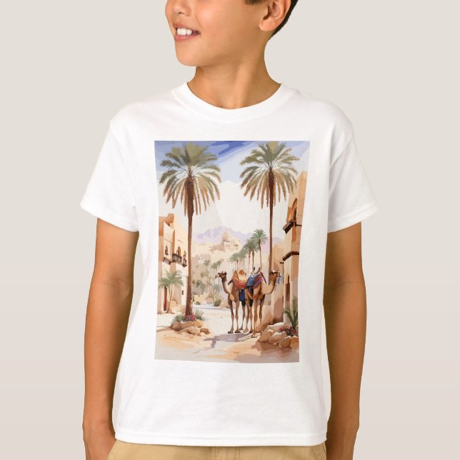 Dromedary camel and the desert village of Al Jazee T-Shirt (Front)
