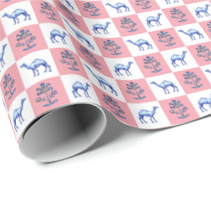 Dromedary Camels and Lotus Flower Block Print Wrapping Paper