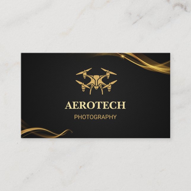 Drone Business Cards Elegant Creative Black Gold (Front)