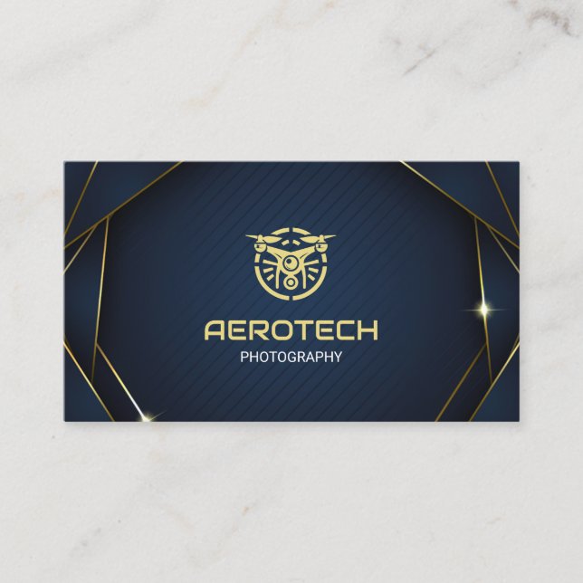 Drone Business Cards Navy Gold Modern (Front)