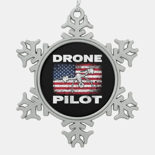 Drone Pilot Multirotor Quadcopter USA Flag Snowflake Pewter Christmas Ornament