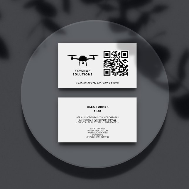 Drone Pilot Photography Custom QR Code Logo White Business Card (Drone logo can be replaced with your logo or kept as is.
)