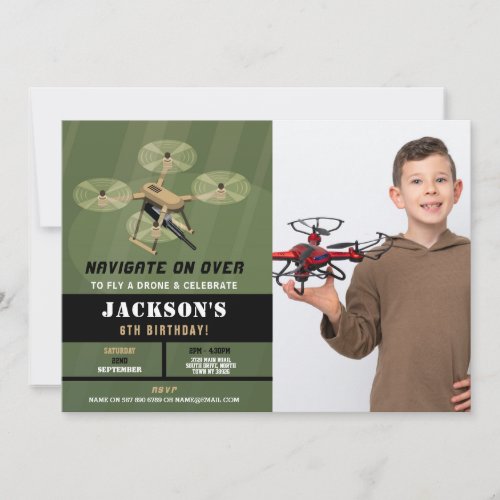 Drones Flying Birthday Army Camo Photo Invitation