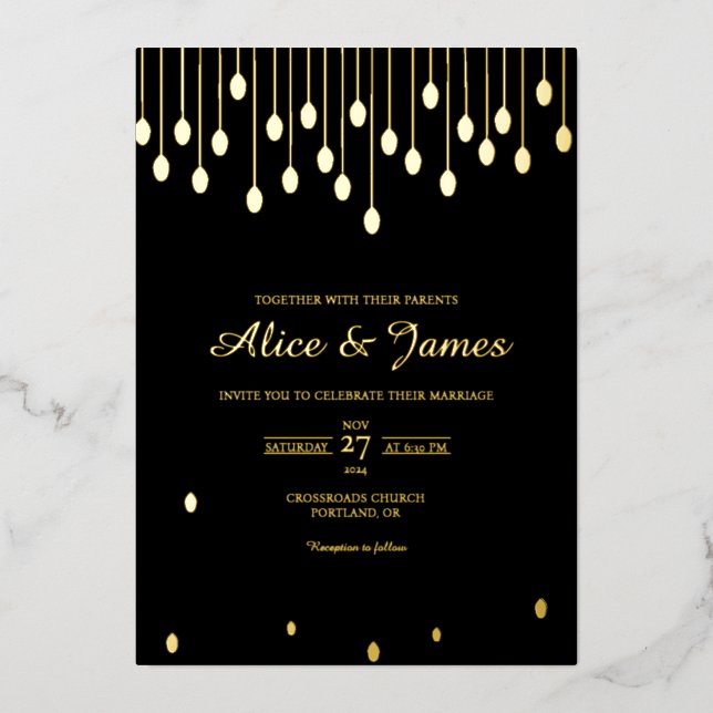 Droplet Minimalist Elegant Black Gold Foil Wedding Invitation (Front)