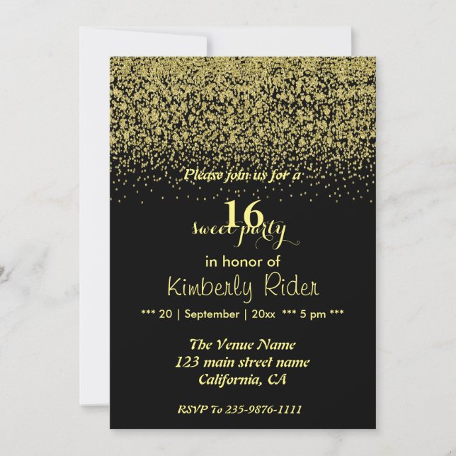 Dropping Gold Glitter Sweet 16 Birthday Invitation (Front)
