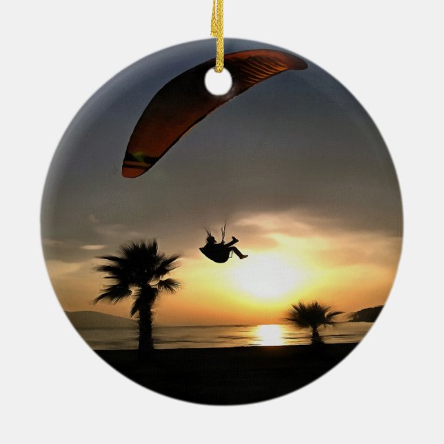 Dropzone At Dusk Adventure Paraglider Art Ceramic Ornament (Back)