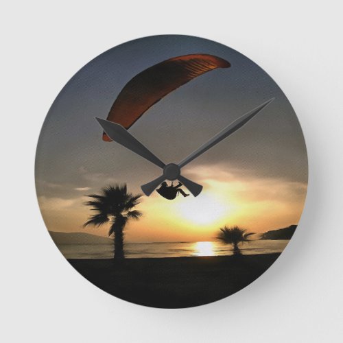 Dropzone At Dusk Adventure Paraglider Art Round Clock