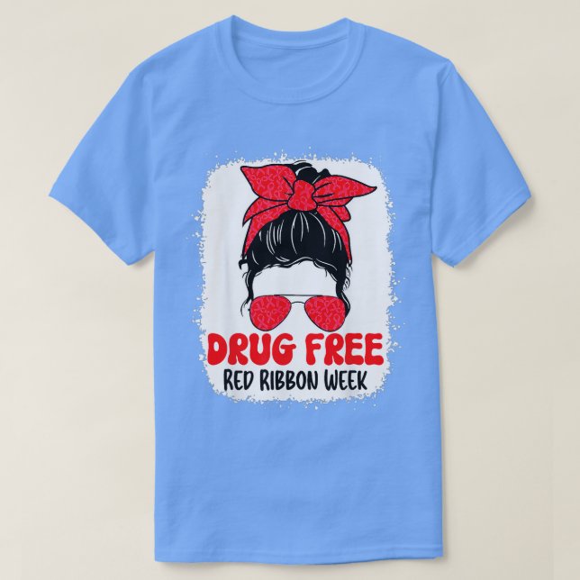 Drug Free Red Ribbon Week Awareness Cute Bleached  T-Shirt (Design Front)