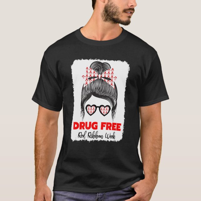 Drug Free Red Ribbon Week Awareness Cute Bleached  T-Shirt (Front)