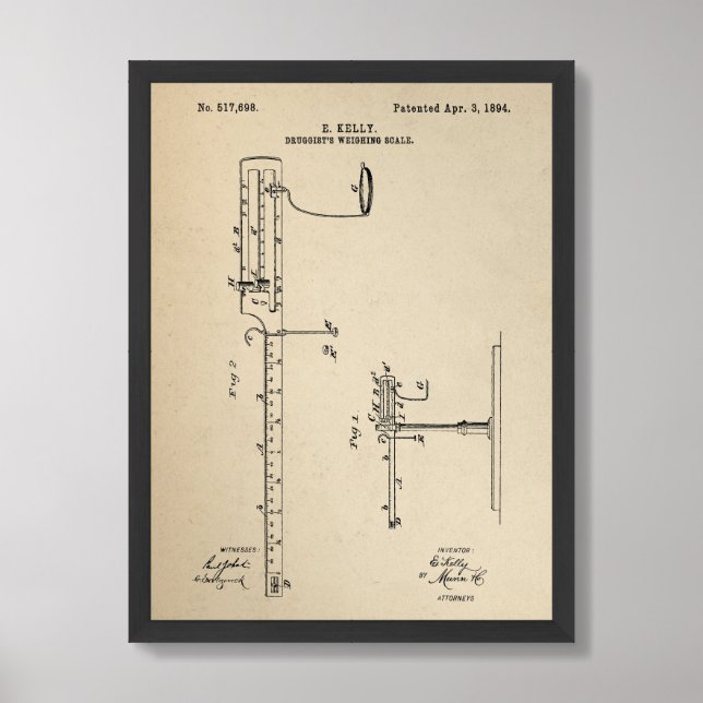 Druggists' weighing scale medicine retro patent  framed art (Framed Front)