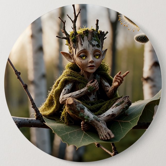 Druid Bard Fae on a Birch Tree Button (Front)
